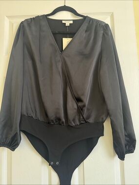Black Satin Wrap-Style Long Sleeve Bodysuit